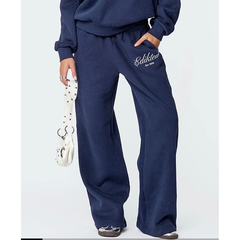Edikted Navy Blue Wide Leg Baggy Sweatpants Logo Fleece Pants Women Large